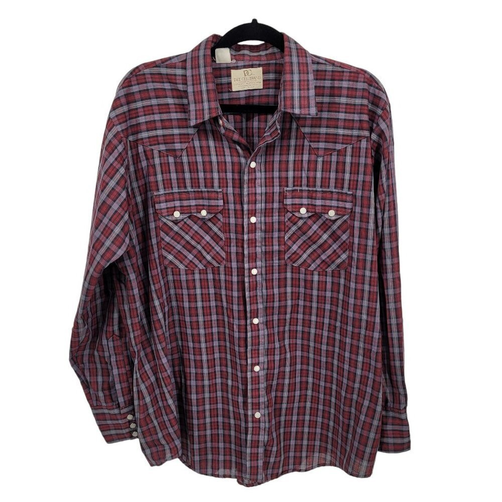 Dee Cee Brand Mens western shirt 17 35 large red plaid white pearl snap up vtg